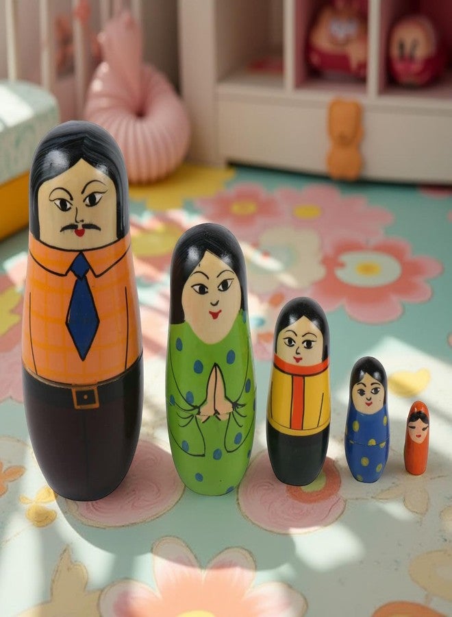 CHANNAPATNA TOYS Wooden Family Russian Nesting Dolls Set for Kids (2 Years+) - 6 Inch Multicolor - Set of 5 pcs - Improves Hand Eye Coordination and Fine Motor Skills - Image 1